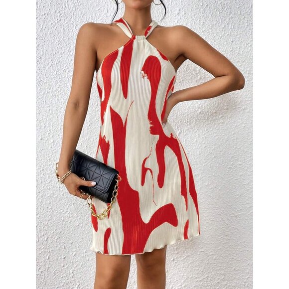 Women's Printed Halter Neck Mini Dress Casual Sundress for Parties Day - Picture 6 of 7